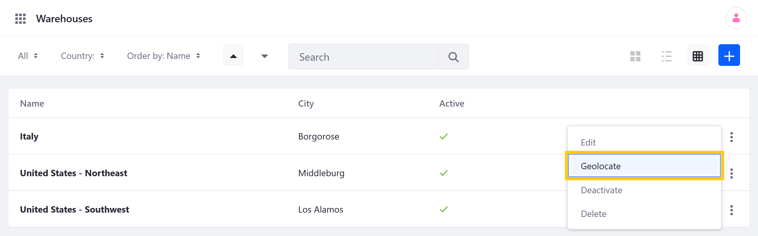 Click the Actions button for the desired warehouse and select Geolocate.
