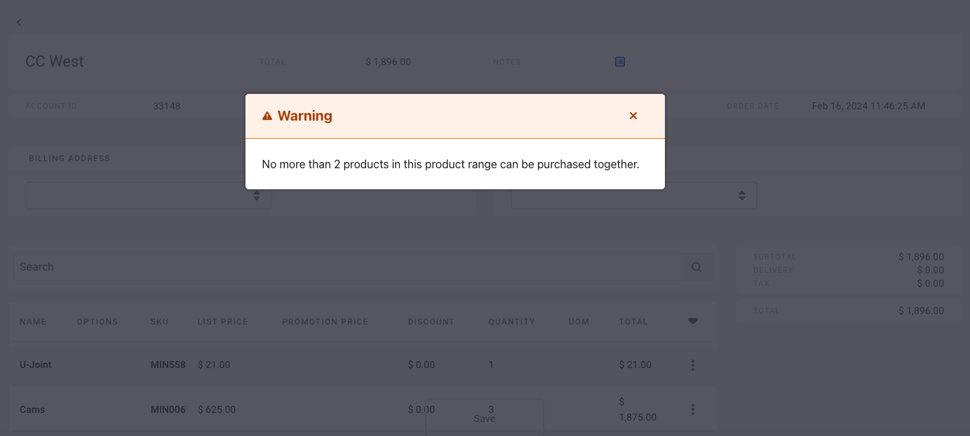Warning message displayed for not meeting the products limit rule.