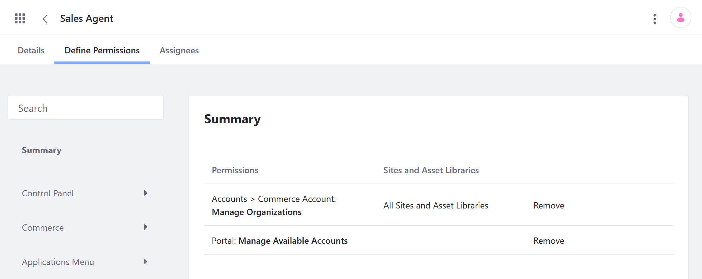 View default sales agent permissions in the Define Permissions tab.