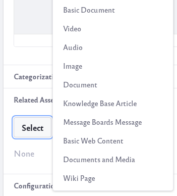 Under Related Assets, click on the select button to add your documents or media files.