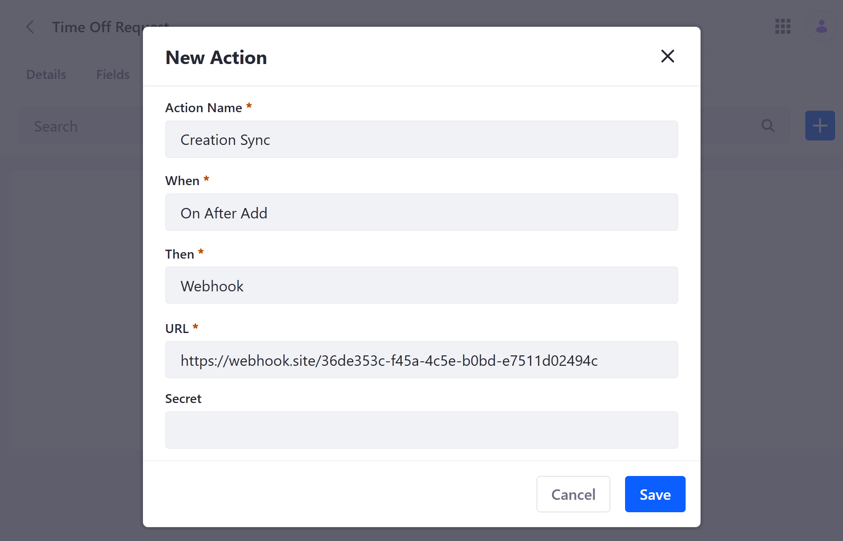 Create a webhook action that's triggered after requests are added.