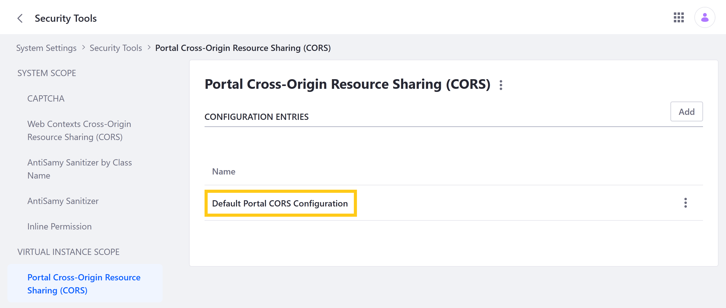 Click Default Portal CORS Configuration