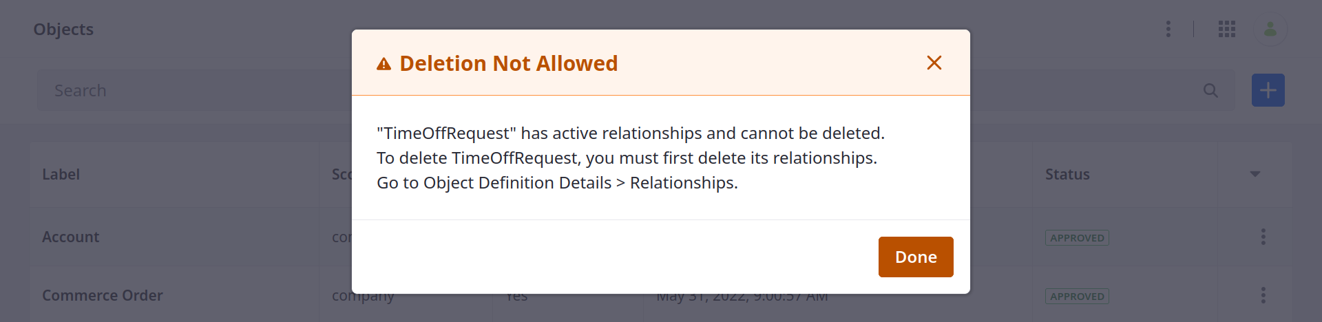 You must remove all active relationships before deleting an object definition.