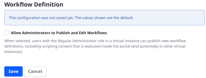 Explicit permission must be granted before administrators are allowed to publish and edit workflow definitions.