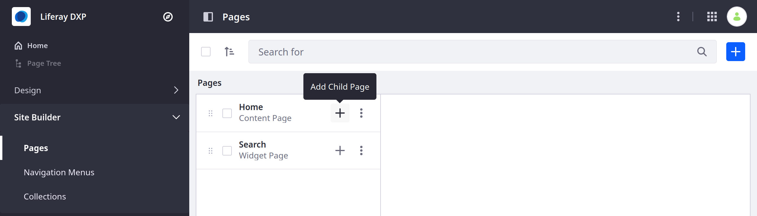 Click the Add button next to an exiting page to create a new child page.