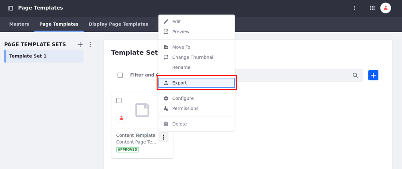 Click Export to export your page template as a ZIP file