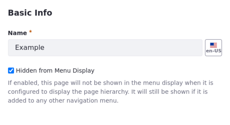 Use the name field to set the page's title and check the checkbox to hide it from menu display.