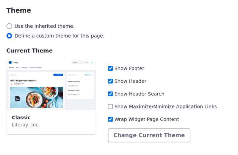Determine whether to use the page set's theme settings or define a custom theme for your page.