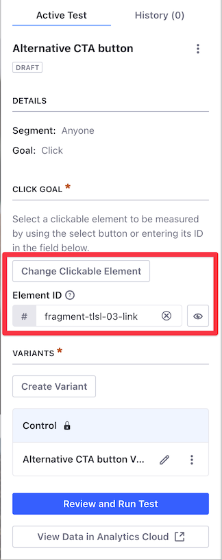 Click the Content Page Element you want to test or enter its Element ID in the Click Goal section