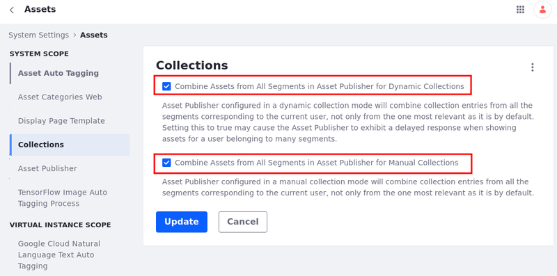 Enable the feature to combine assets from all segments in asset publisher for dynamic and manual collections.