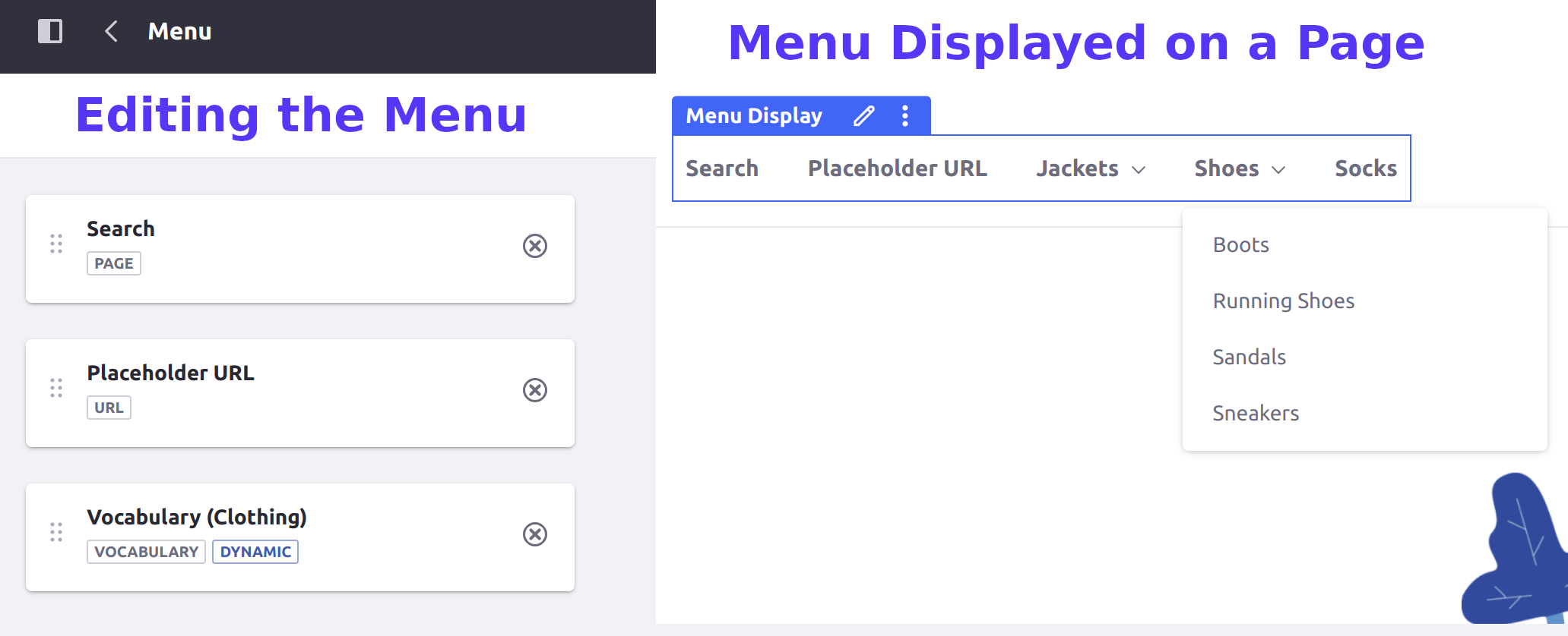 Dynamic vocabulary elements automatically update to reflect their hierarchy of categories in your navigation menus.