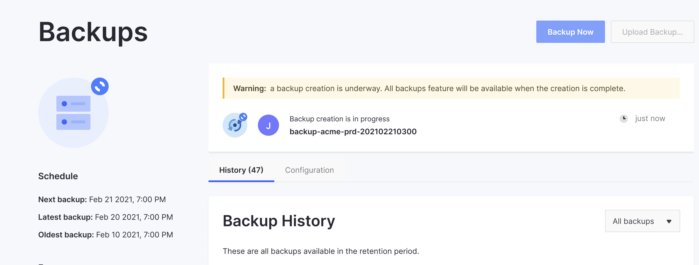 The backup service icon and a message at the top of the screen indicate a backup is in progress.